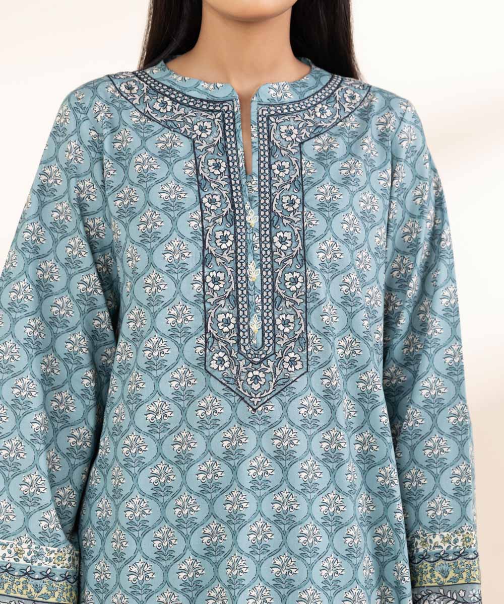 Unstitched Women's Embroidered Lawn Blue 3 Piece Suit