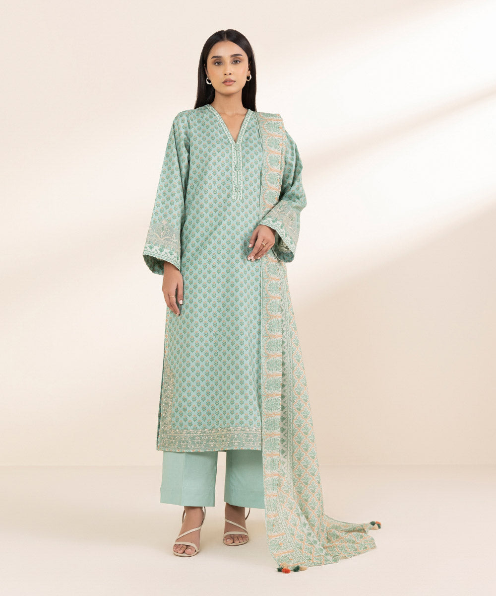 Unstitched Women's Embroidered Lawn Green 3 Piece Suit