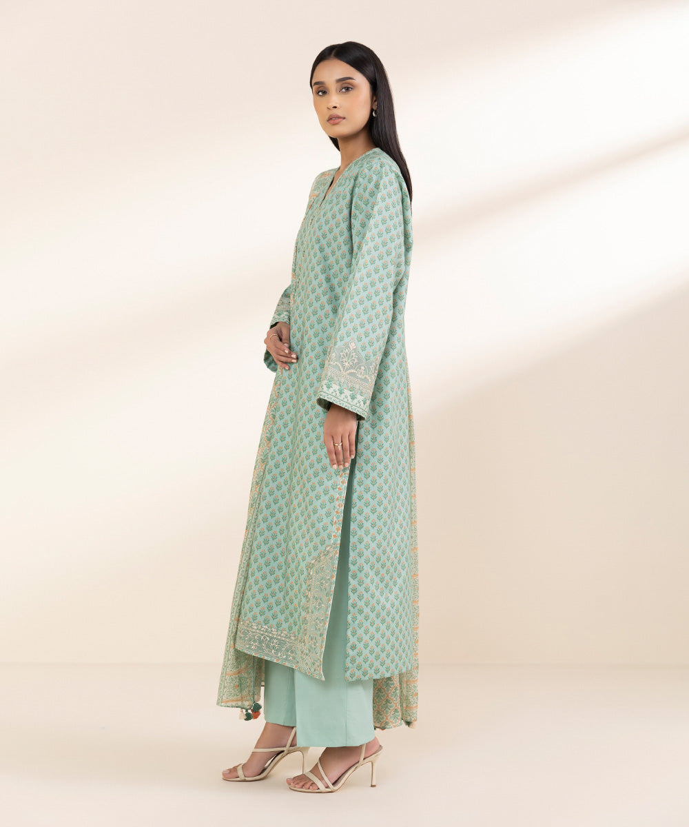 Unstitched Women's Embroidered Lawn Green 3 Piece Suit