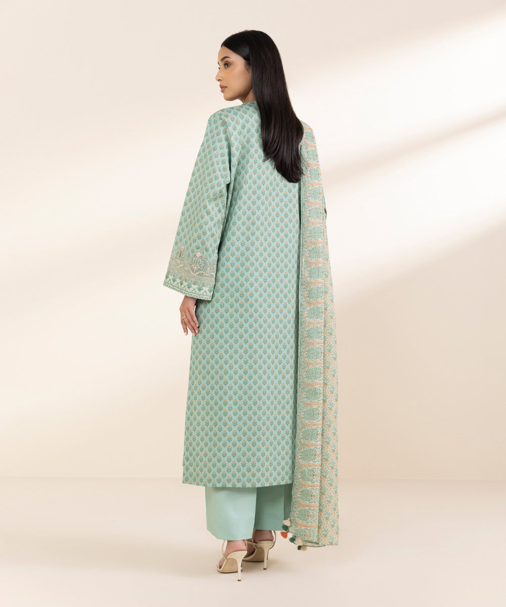 Unstitched Women's Embroidered Lawn Green 3 Piece Suit