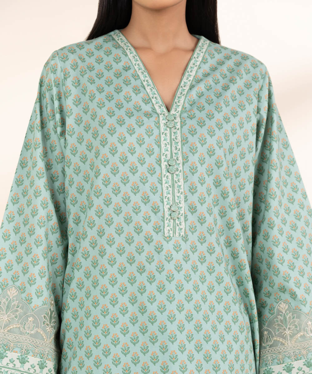Unstitched Women's Embroidered Lawn Green 3 Piece Suit
