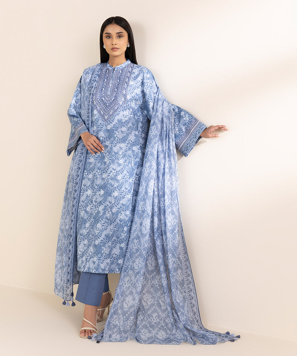 Unstitched Women's Embroidered Lawn Blue 3 Piece Suit