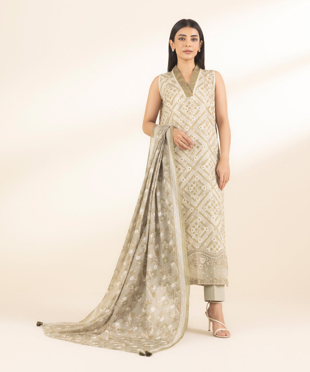 Unstitched Women's Embroidered Lawn Beige 3 Piece Suit