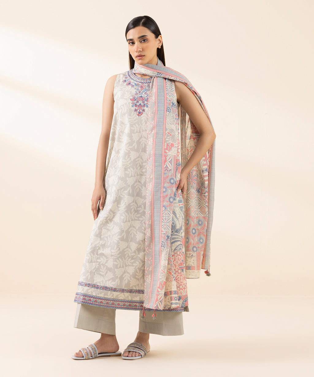 Women's Unstitched Lawn Embroidered Grey 3 Piece Suit