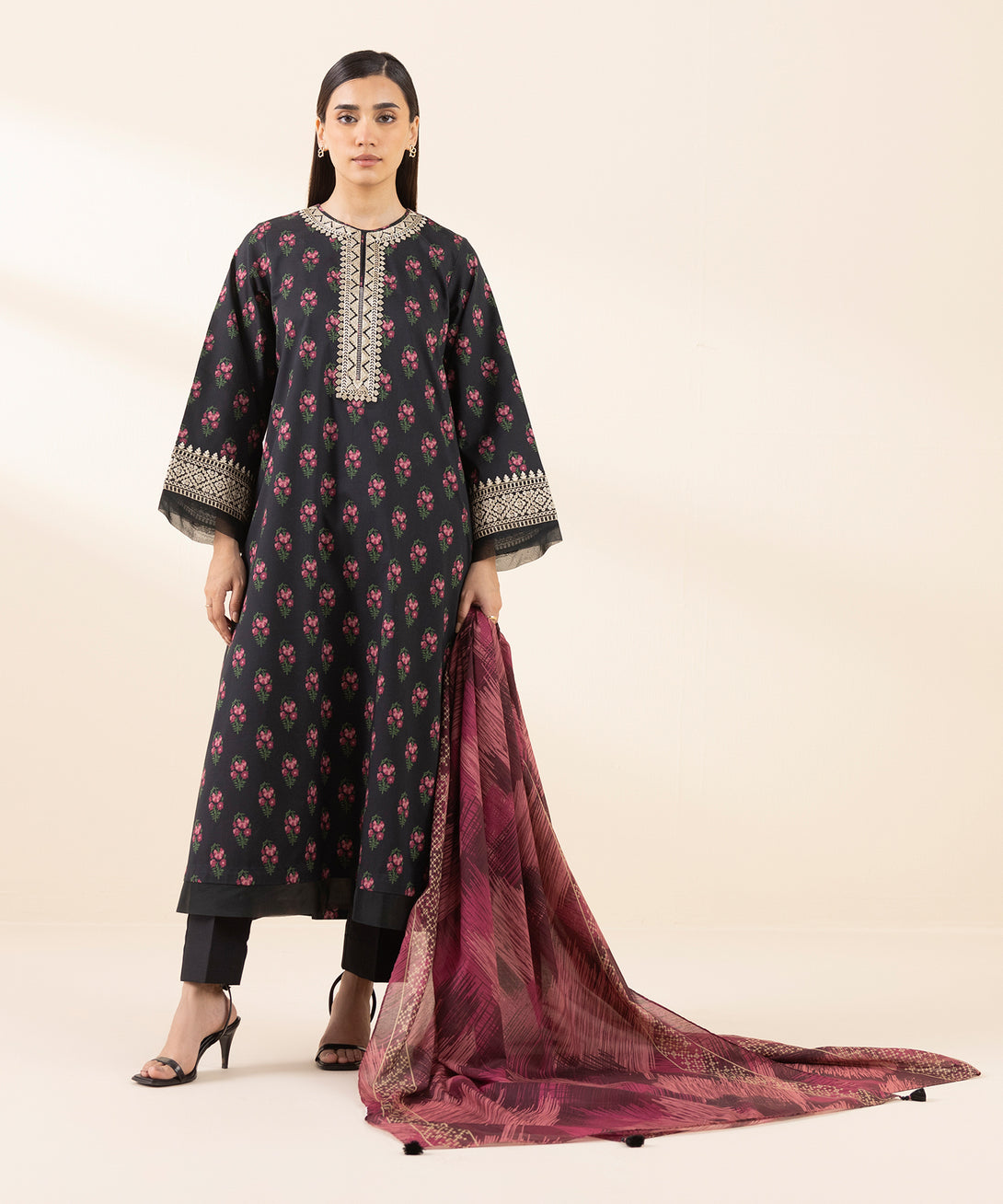 Women's Unstitched Lawn Embroidered Black 3 Piece Suit