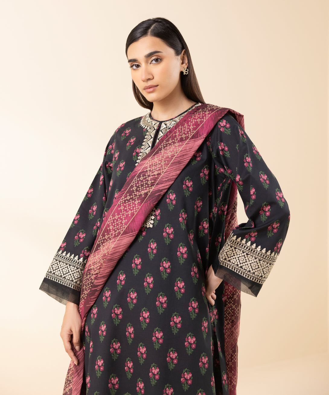 Women's Unstitched Lawn Embroidered Black 3 Piece Suit