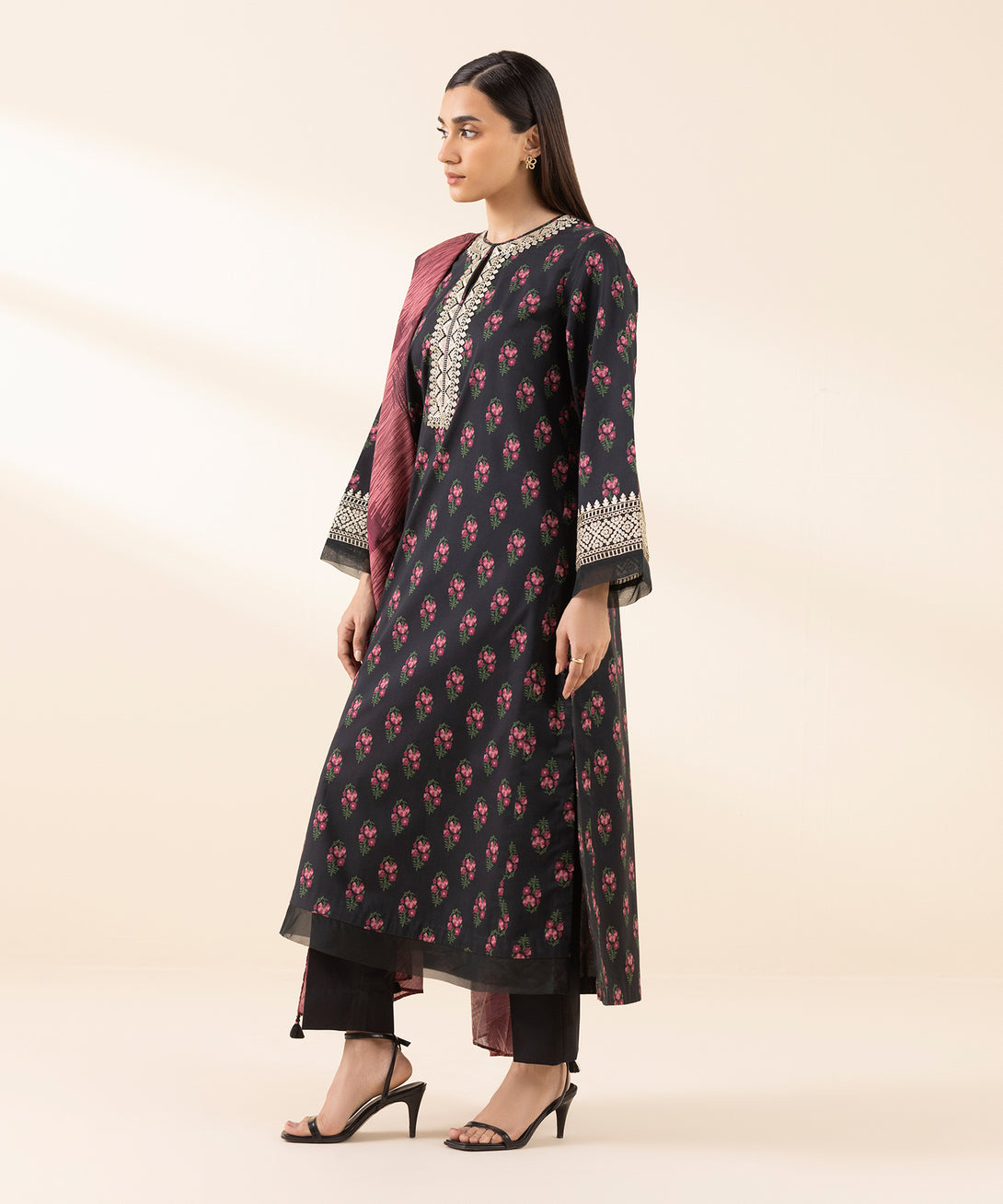 Women's Unstitched Lawn Embroidered Black 3 Piece Suit
