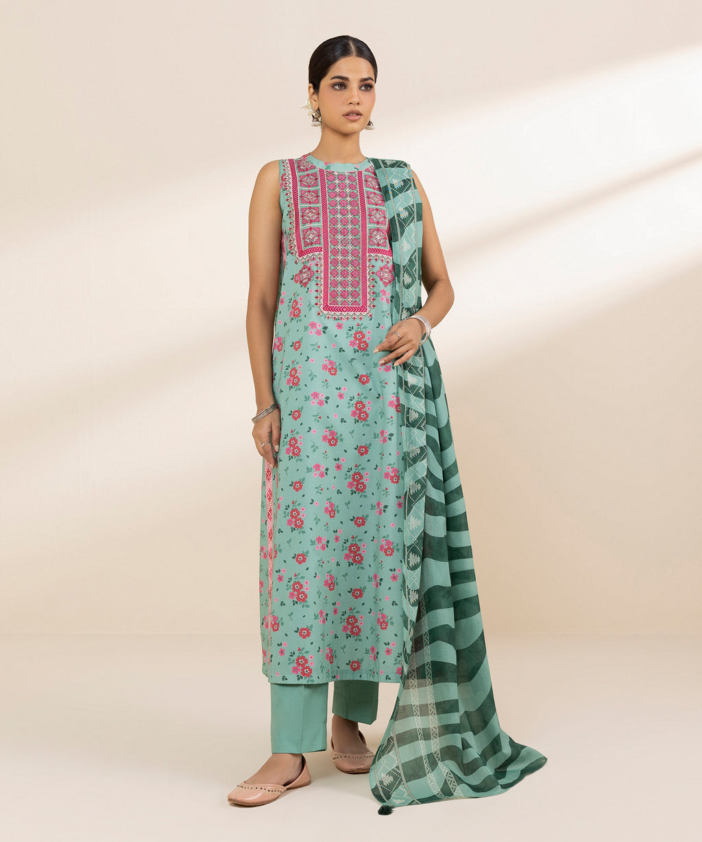 Women's Unstitched Lawn Embroidered Blue 3 Piece Suit