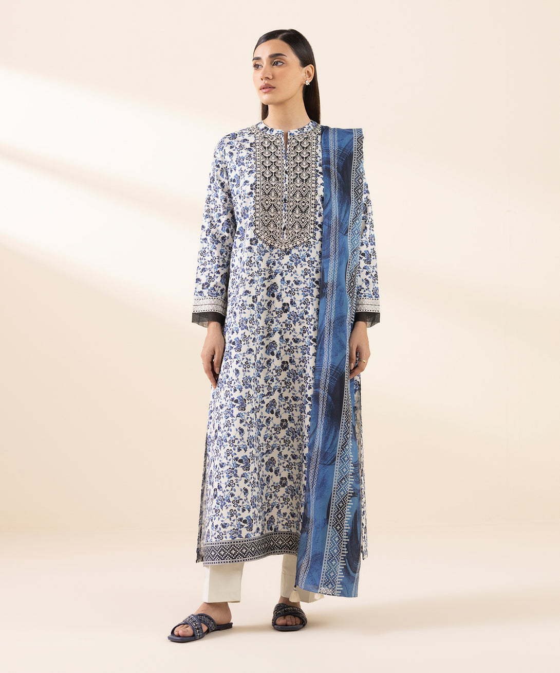 Women's Unstitched Lawn Embroidered Blue 3 Piece Suit