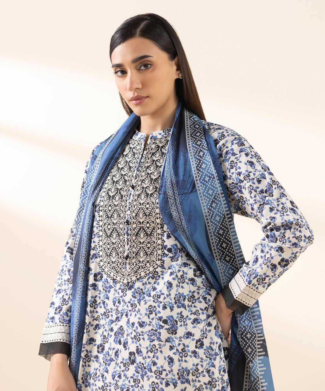 Women's Unstitched Lawn Embroidered Blue 3 Piece Suit