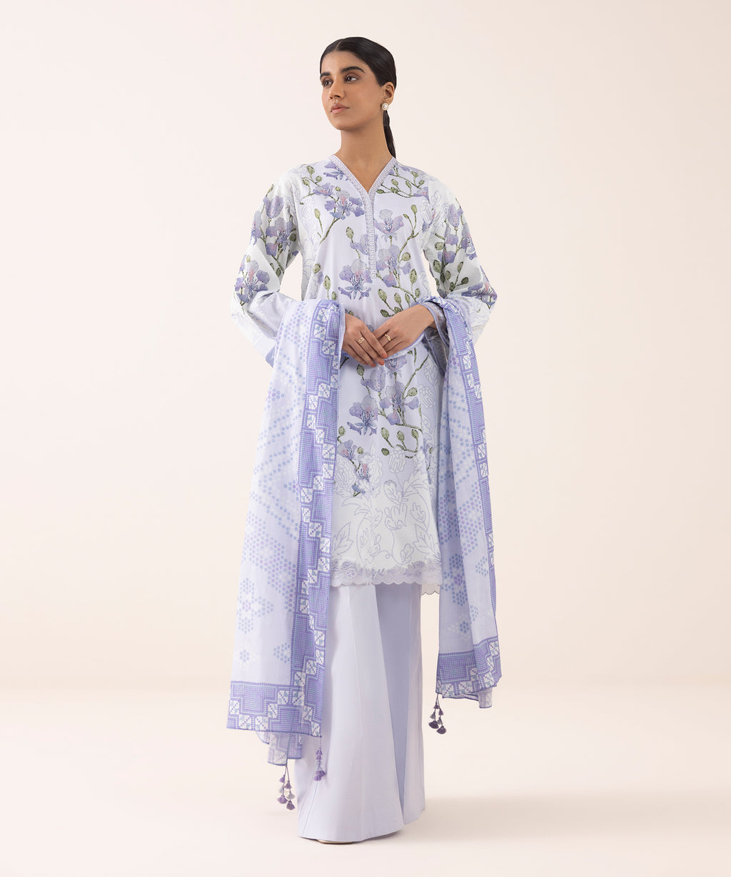 Women's Unstitched Lawn Embroidered Blue 3 Piece Suit