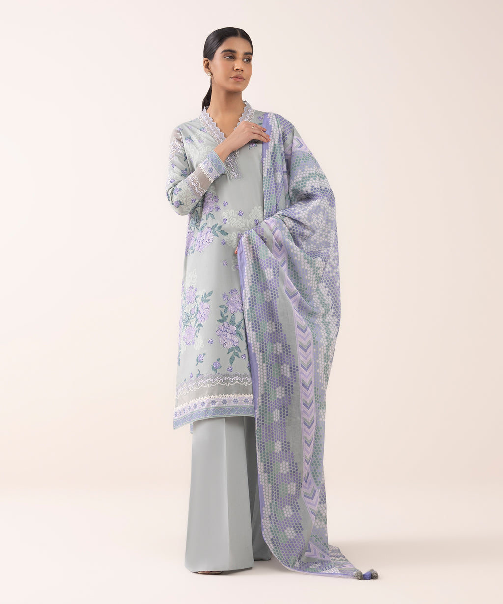 Women's Unstitched Lawn Embroidered Grey 3 Piece Suit