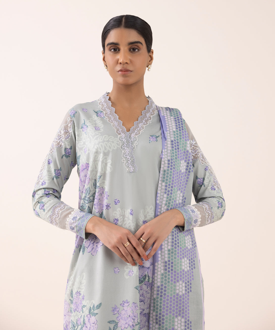 Women's Unstitched Lawn Embroidered Grey 3 Piece Suit