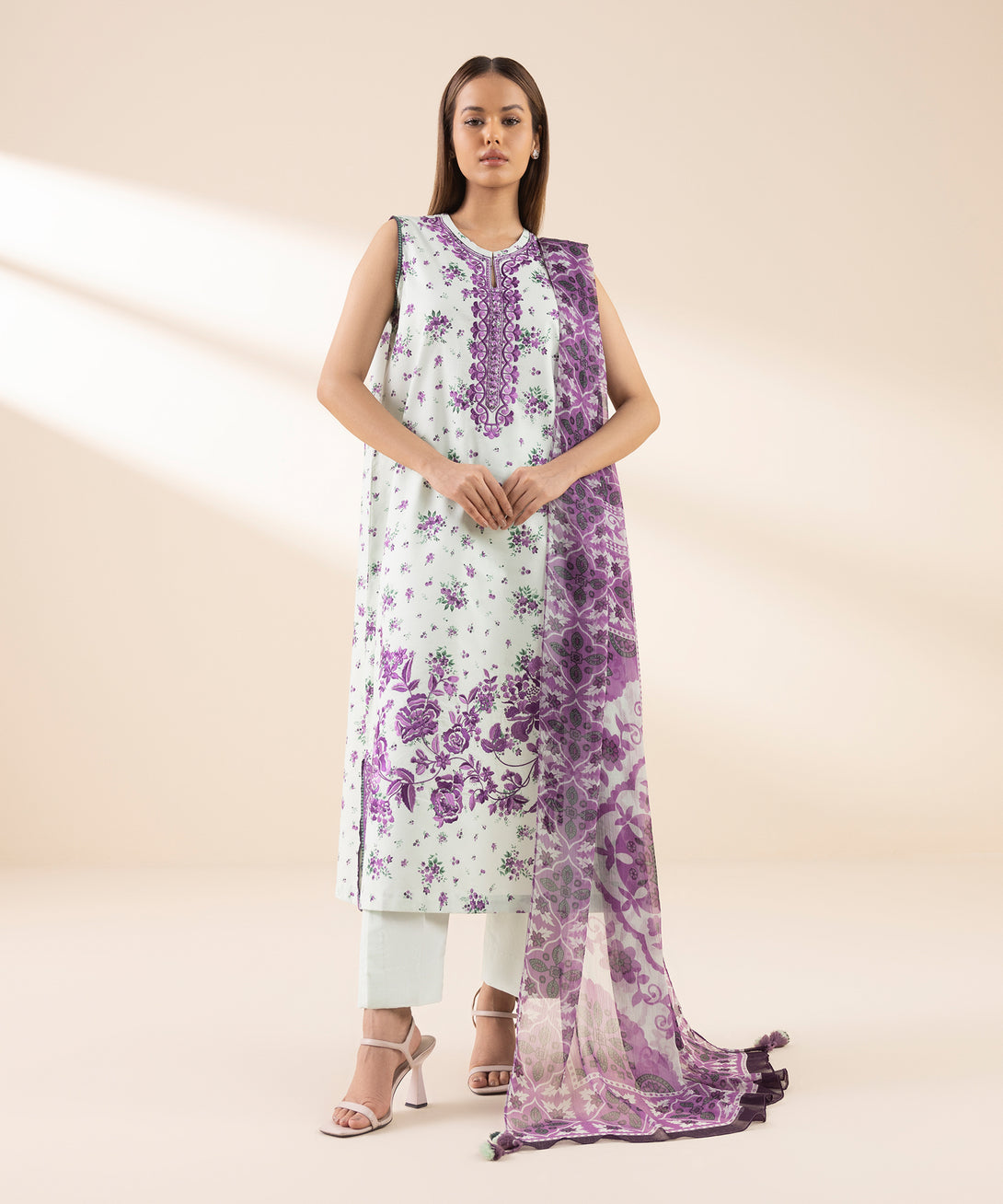 Women's Unstitched Lawn Embroidered Purple 3 Piece Suit