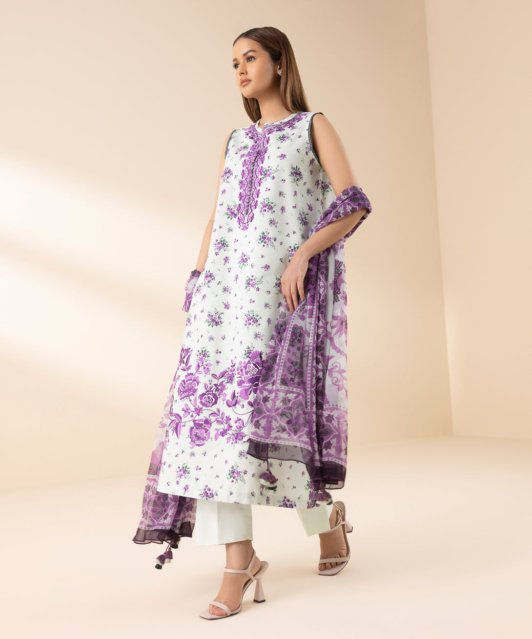 Women's Unstitched Lawn Embroidered Purple 3 Piece Suit