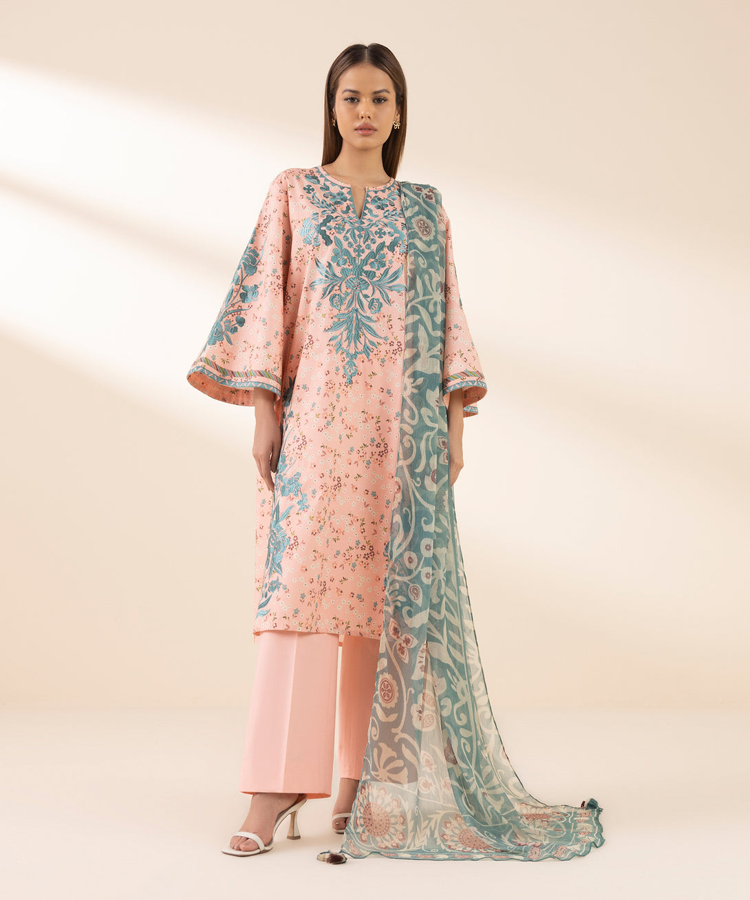 Women's Unstitched Textured Lawn Embroidered Pink 3 Piece Suit