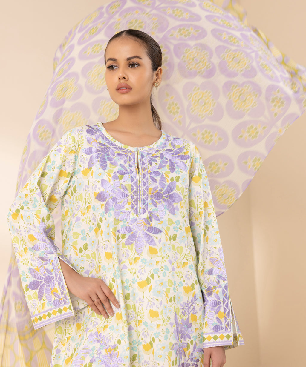 Women's Unstitched Textured Lawn Embroidered Multi 3 Piece Suit