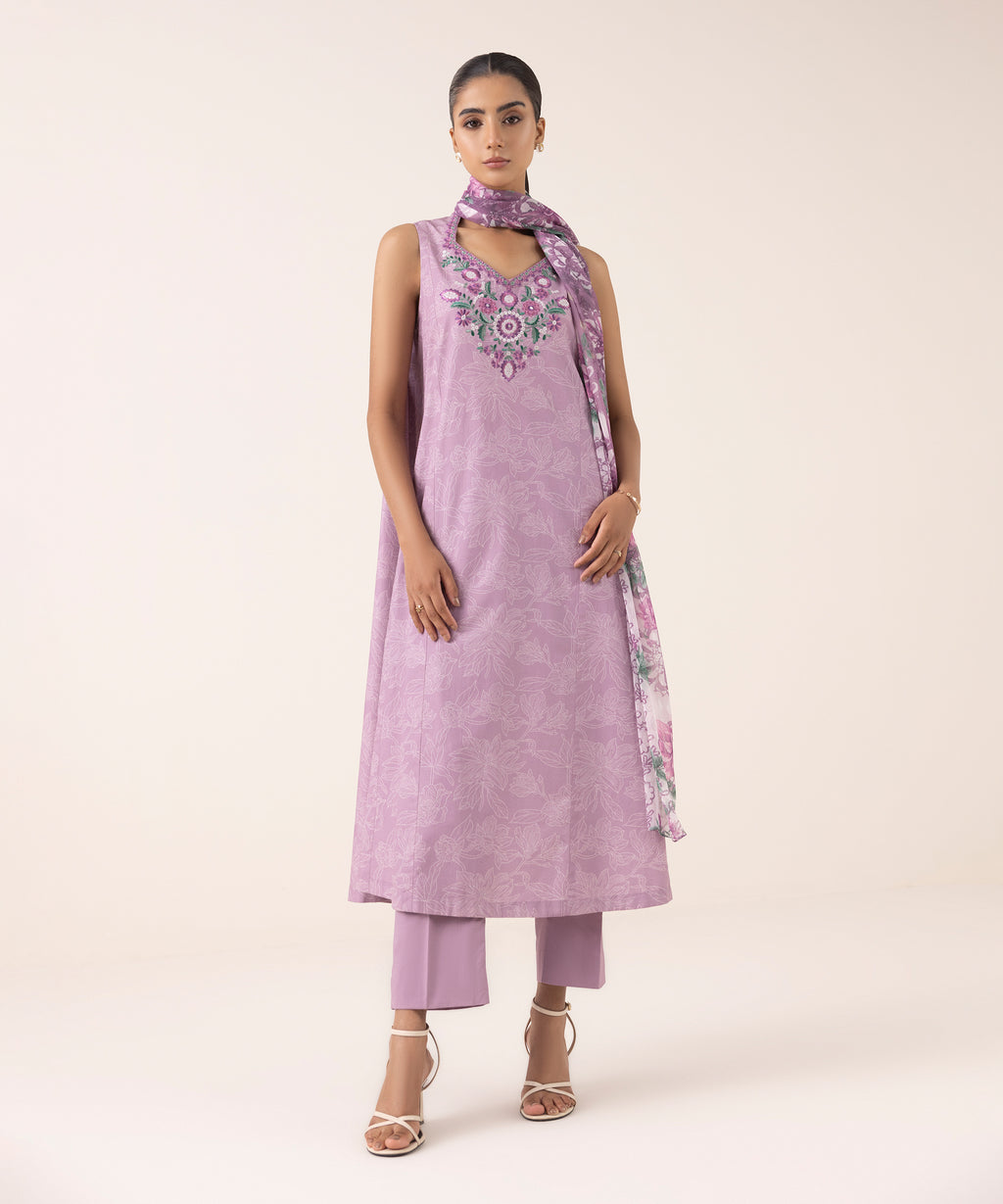 Women's Unstitched Cotton Embroidered Lilac Three Piece Suit