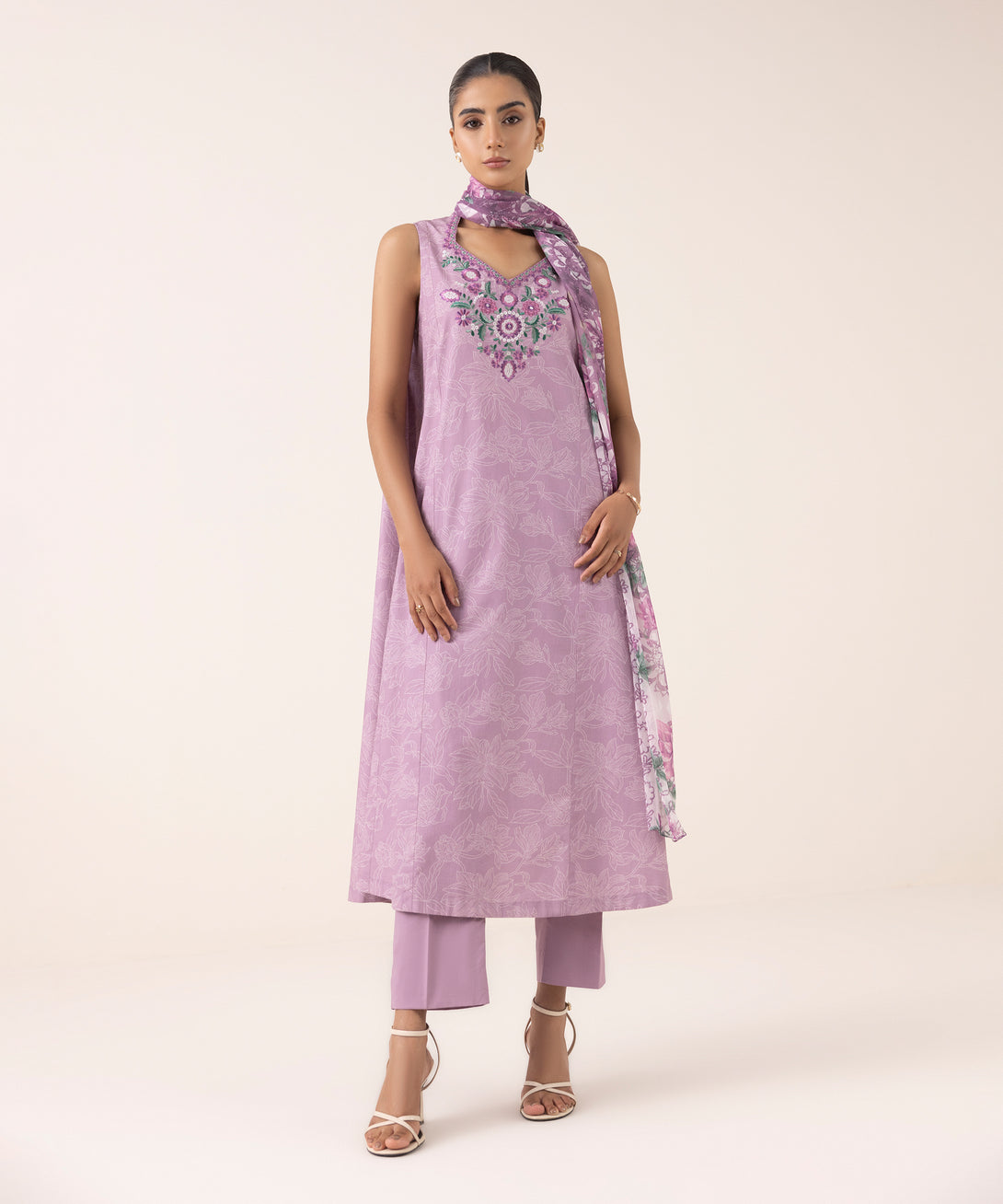 Women's Unstitched Cotton Embroidered Lilac Three Piece Suit