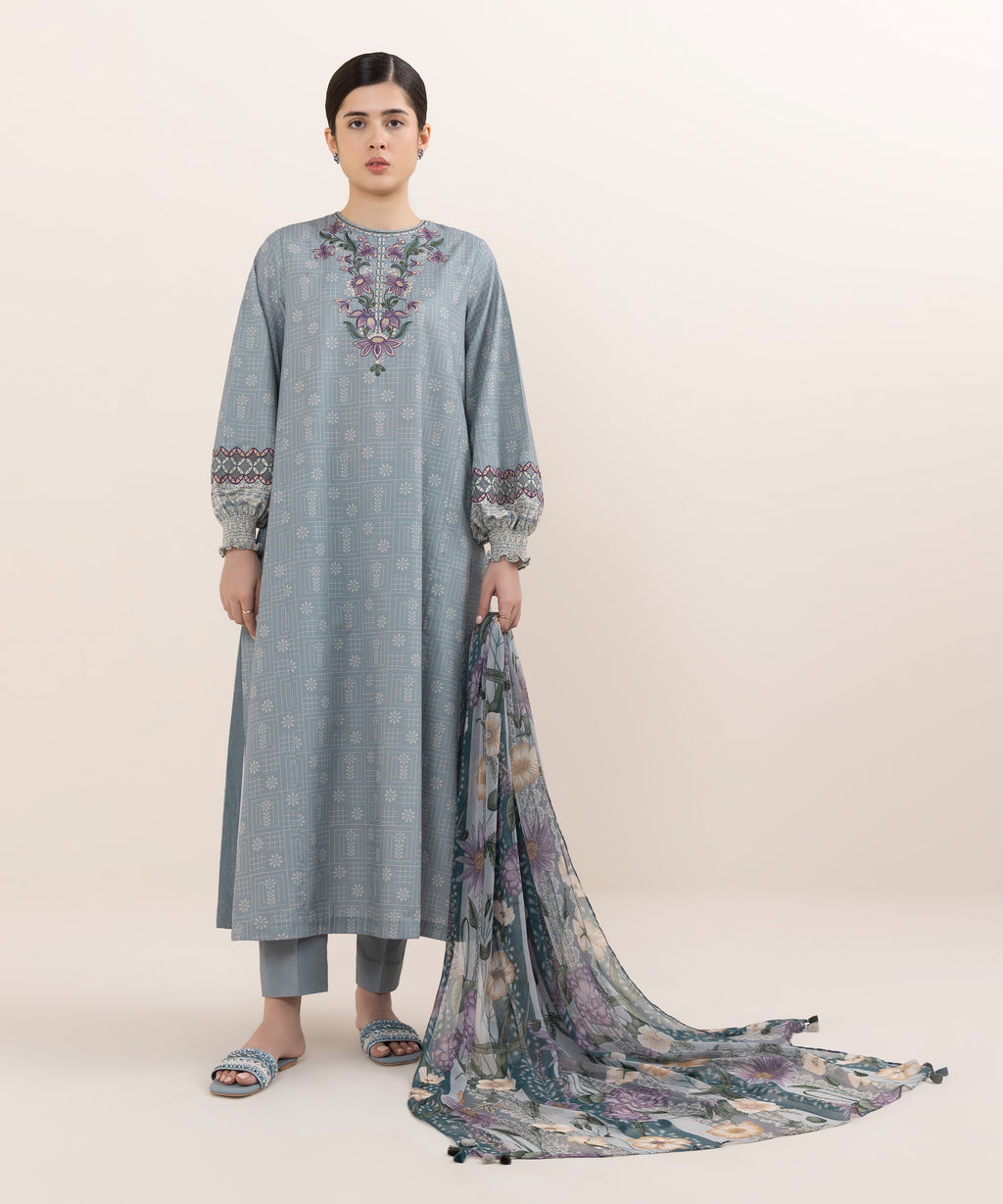 Women's Unstitched Cotton Embroidered Multi Three Piece Suit