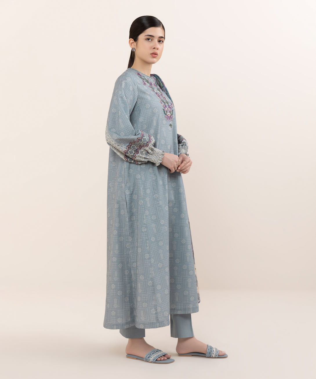 Women's Unstitched Cotton Embroidered Multi Three Piece Suit