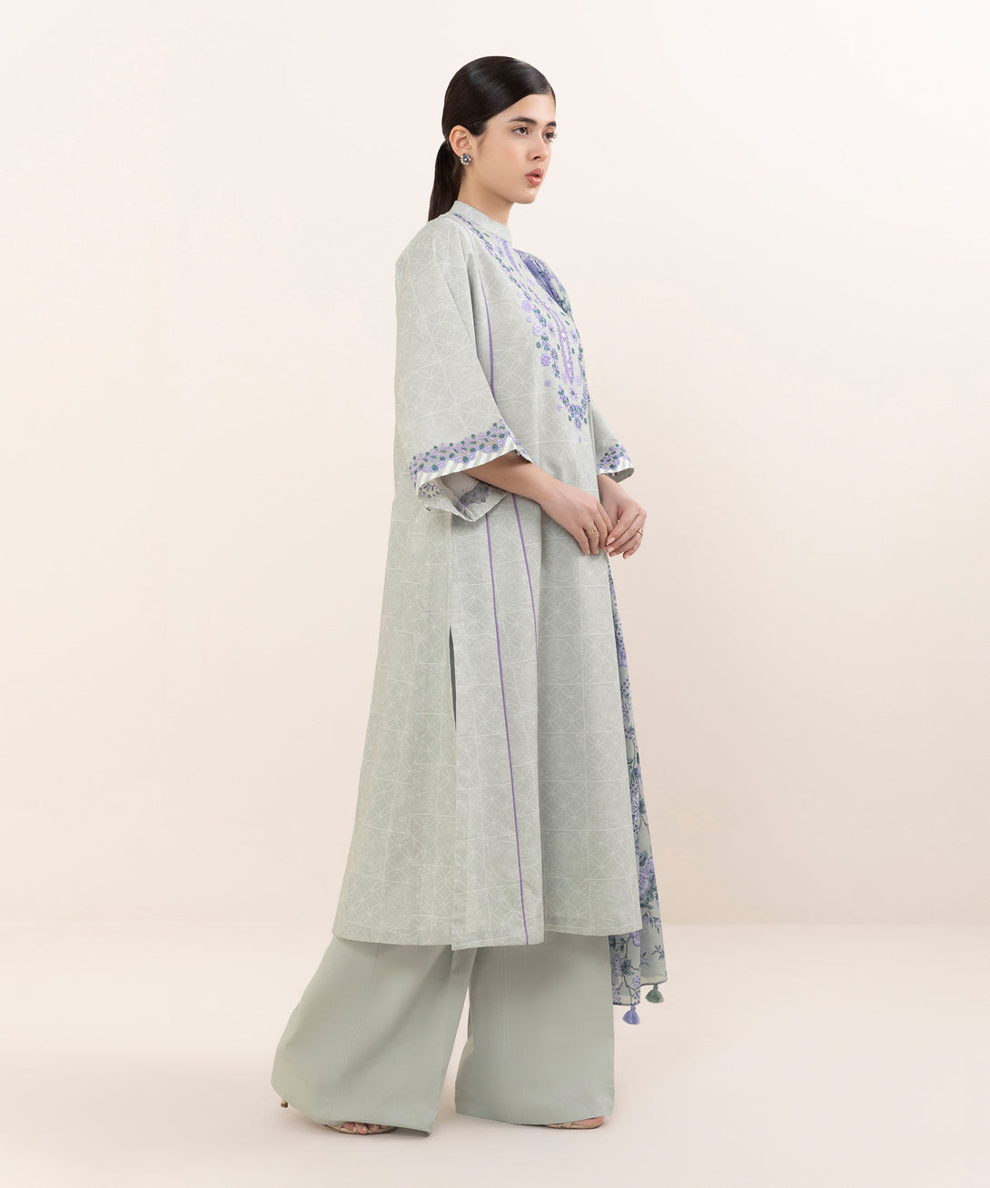 Women's Unstitched Cotton Embroidered Grey Three Piece Suit