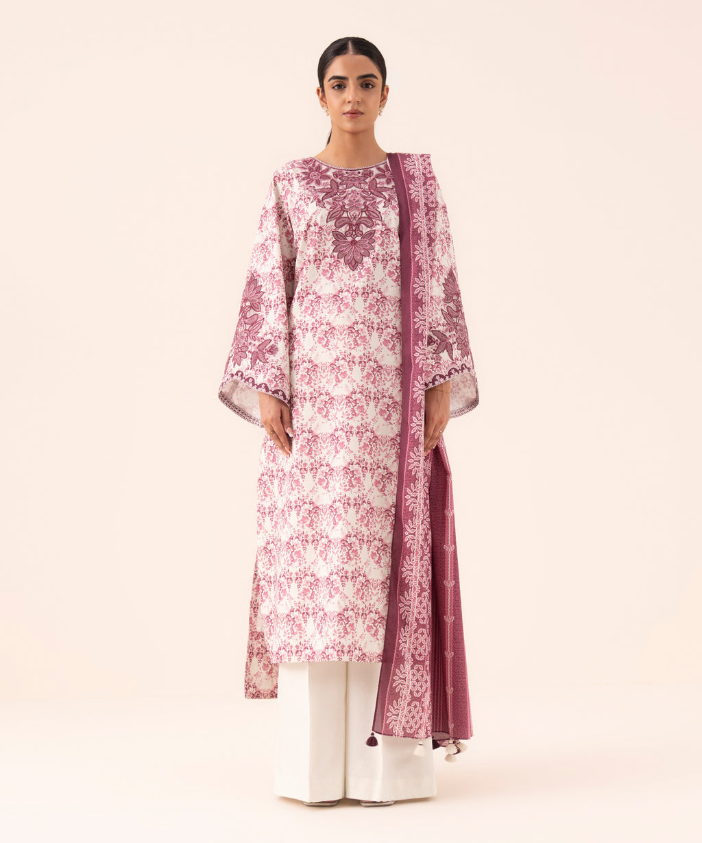 Women's Unstitched Cotton Embroidered Pink 3 Piece Suit