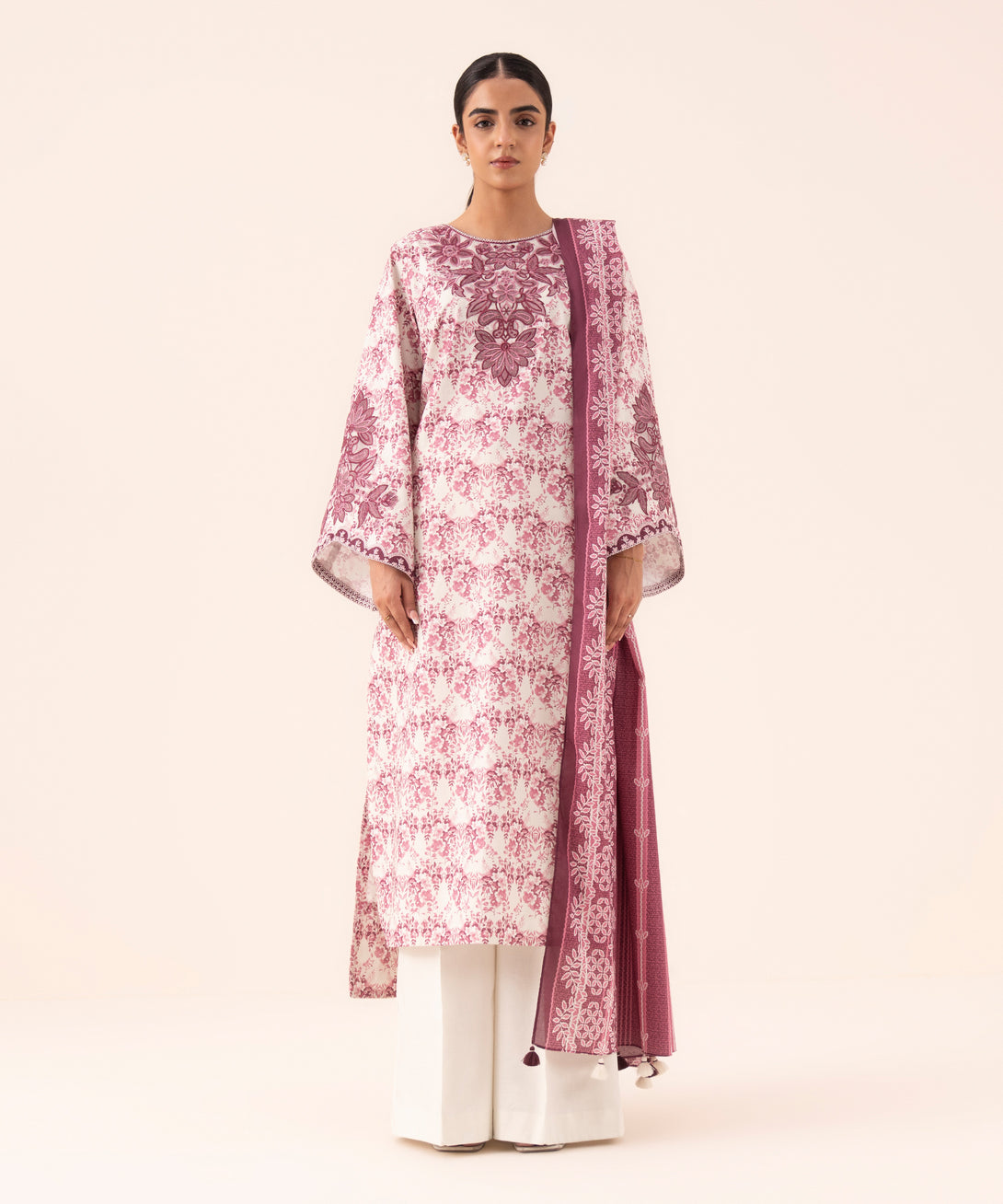 Women's Unstitched Cotton Embroidered Pink 3 Piece Suit