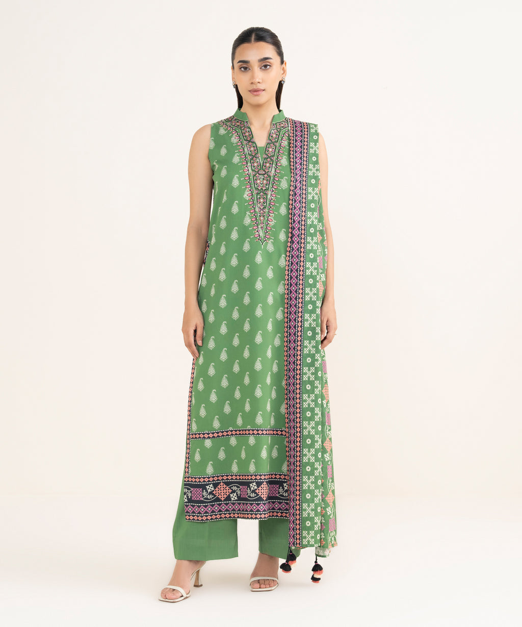 Women's Unstitched Linen Embroidered Green 3 Piece Suit