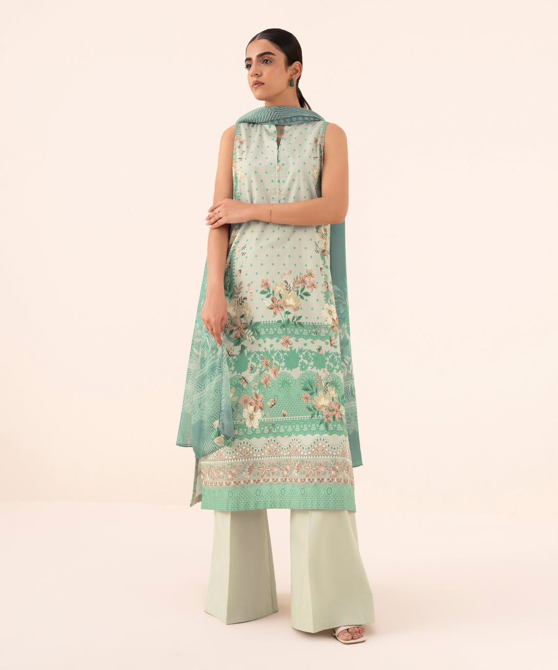 Women's Unstitched Cotton Viscose Embroidered Green 3 Piece Suit