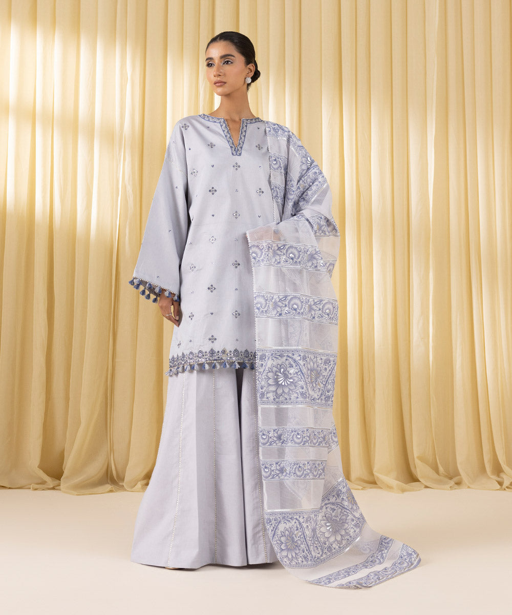 Women's Unstitched Fine Cotton Satin Embroidered Grey 3 Piece Suit