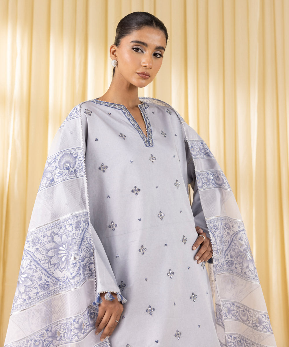 Women's Unstitched Fine Cotton Satin Embroidered Grey 3 Piece Suit