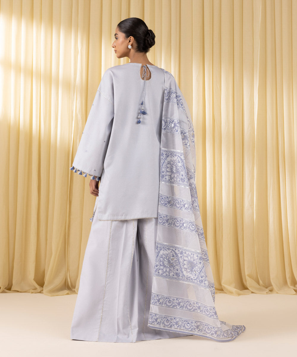 Women's Unstitched Fine Cotton Satin Embroidered Grey 3 Piece Suit