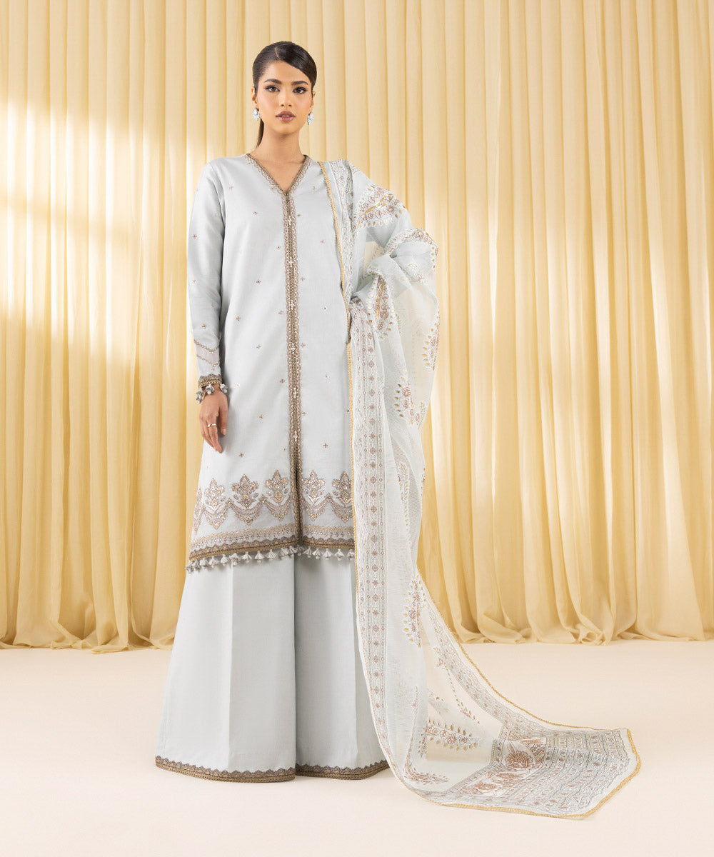 Women's Unstitched Fine Cotton Satin Embroidered Grey 3 Piece Suit
