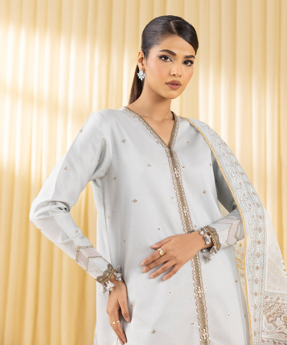Women's Unstitched Fine Cotton Satin Embroidered Grey 3 Piece Suit