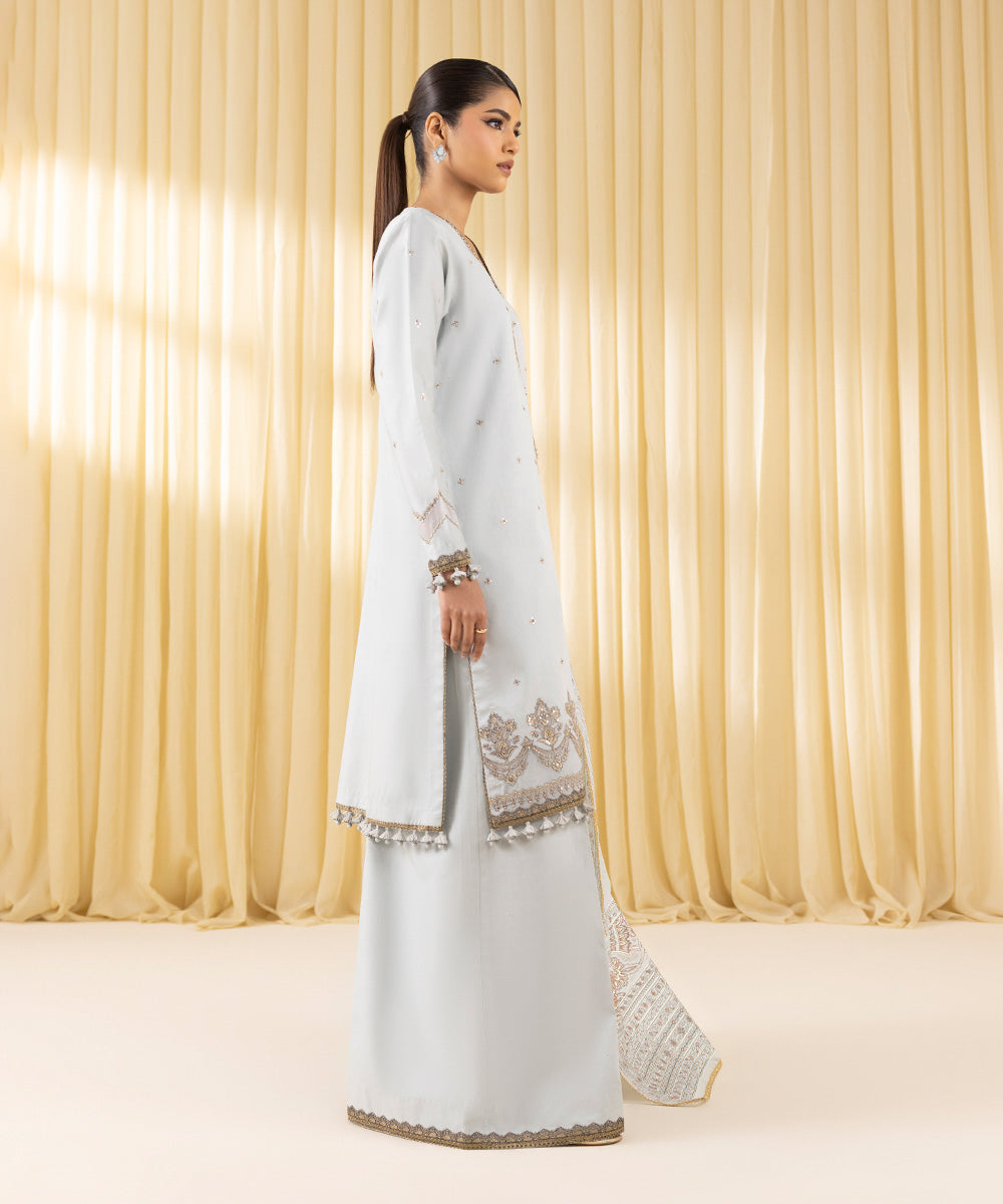 Women's Unstitched Fine Cotton Satin Embroidered Grey 3 Piece Suit