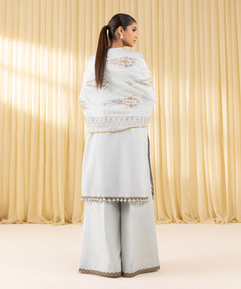 Women's Unstitched Fine Cotton Satin Embroidered Grey 3 Piece Suit