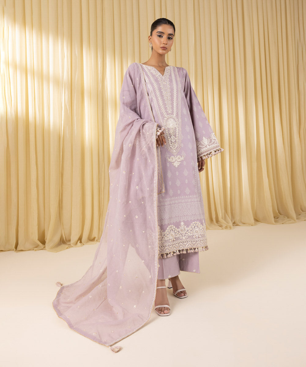 Women's Unstitched Fine Cotton Satin Embroidered Purple 3 Piece Suit
