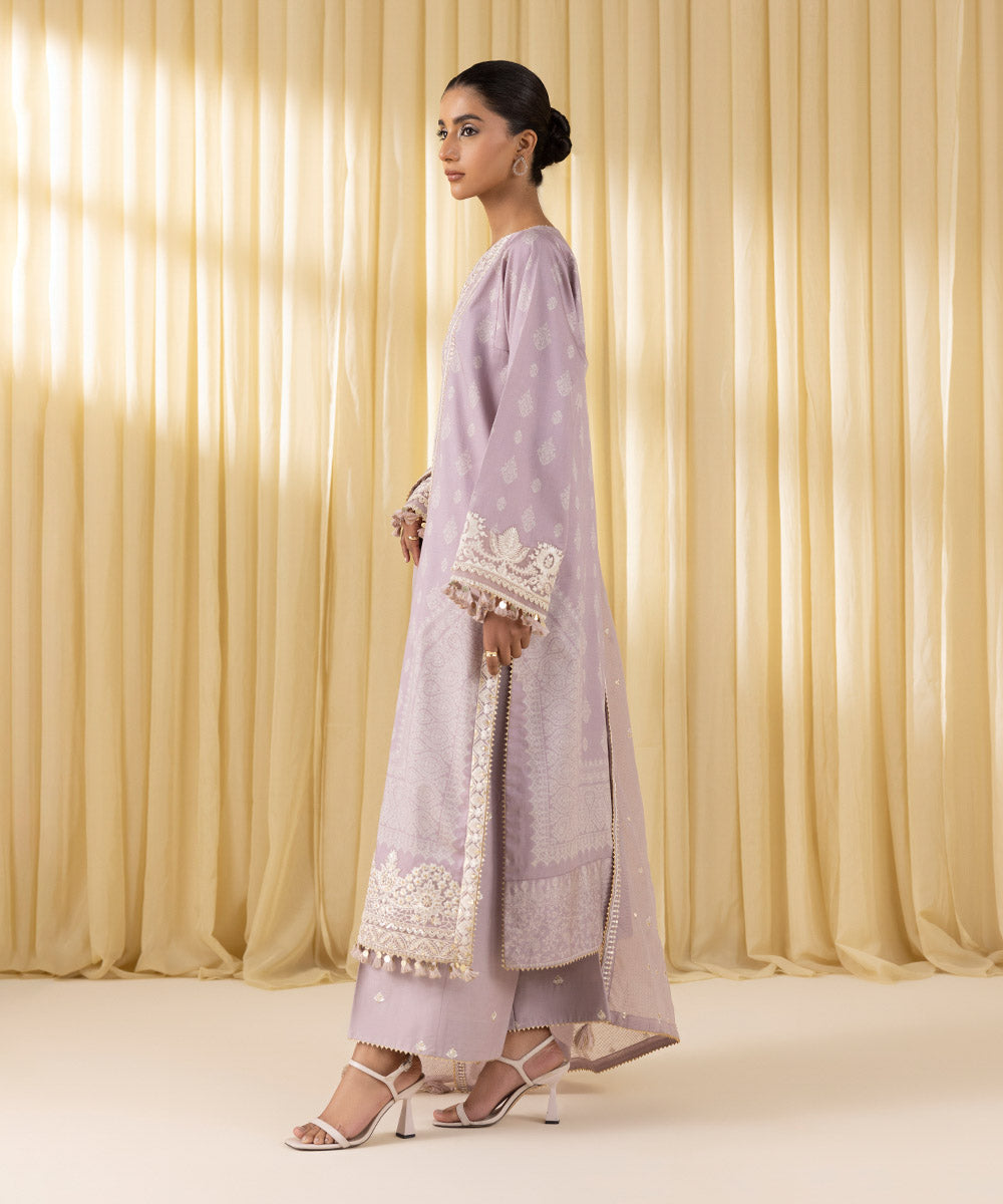 Women's Unstitched Fine Cotton Satin Embroidered Purple 3 Piece Suit