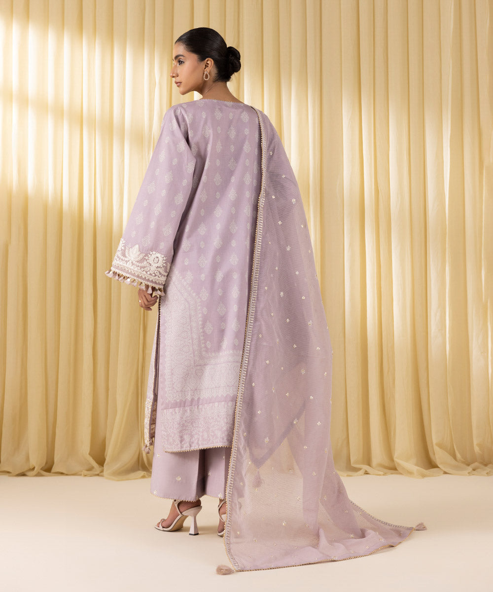 Women's Unstitched Fine Cotton Satin Embroidered Purple 3 Piece Suit