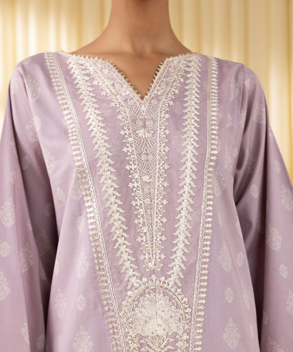 Women's Unstitched Fine Cotton Satin Embroidered Purple 3 Piece Suit