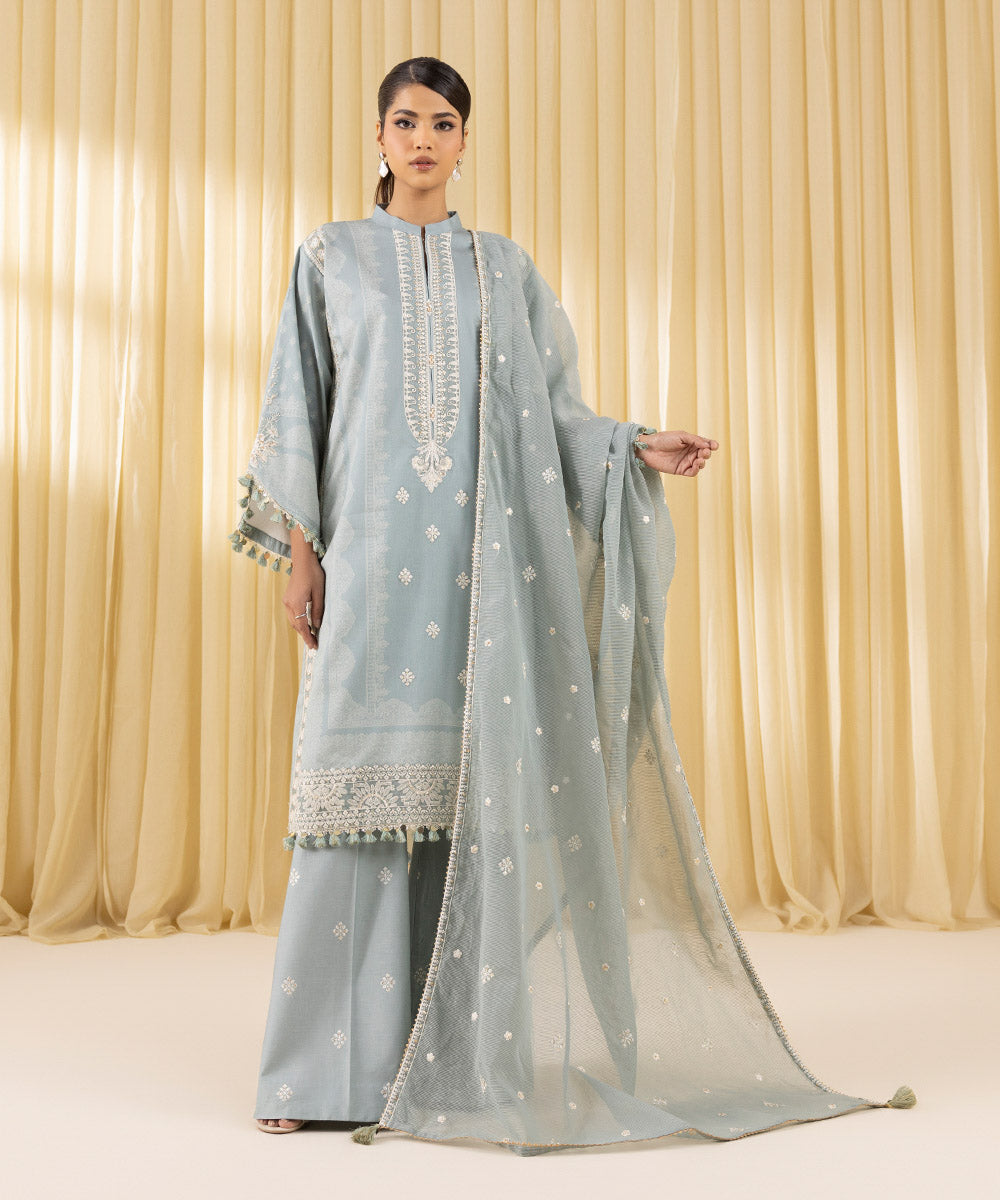 Women's Unstitched Fine Cotton Satin Embroidered Grey 3 Piece Suit
