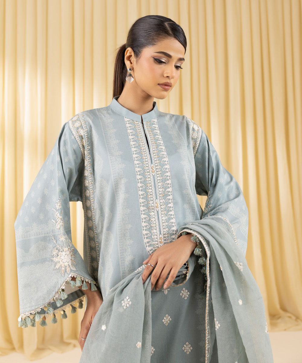Women's Unstitched Fine Cotton Satin Embroidered Grey 3 Piece Suit