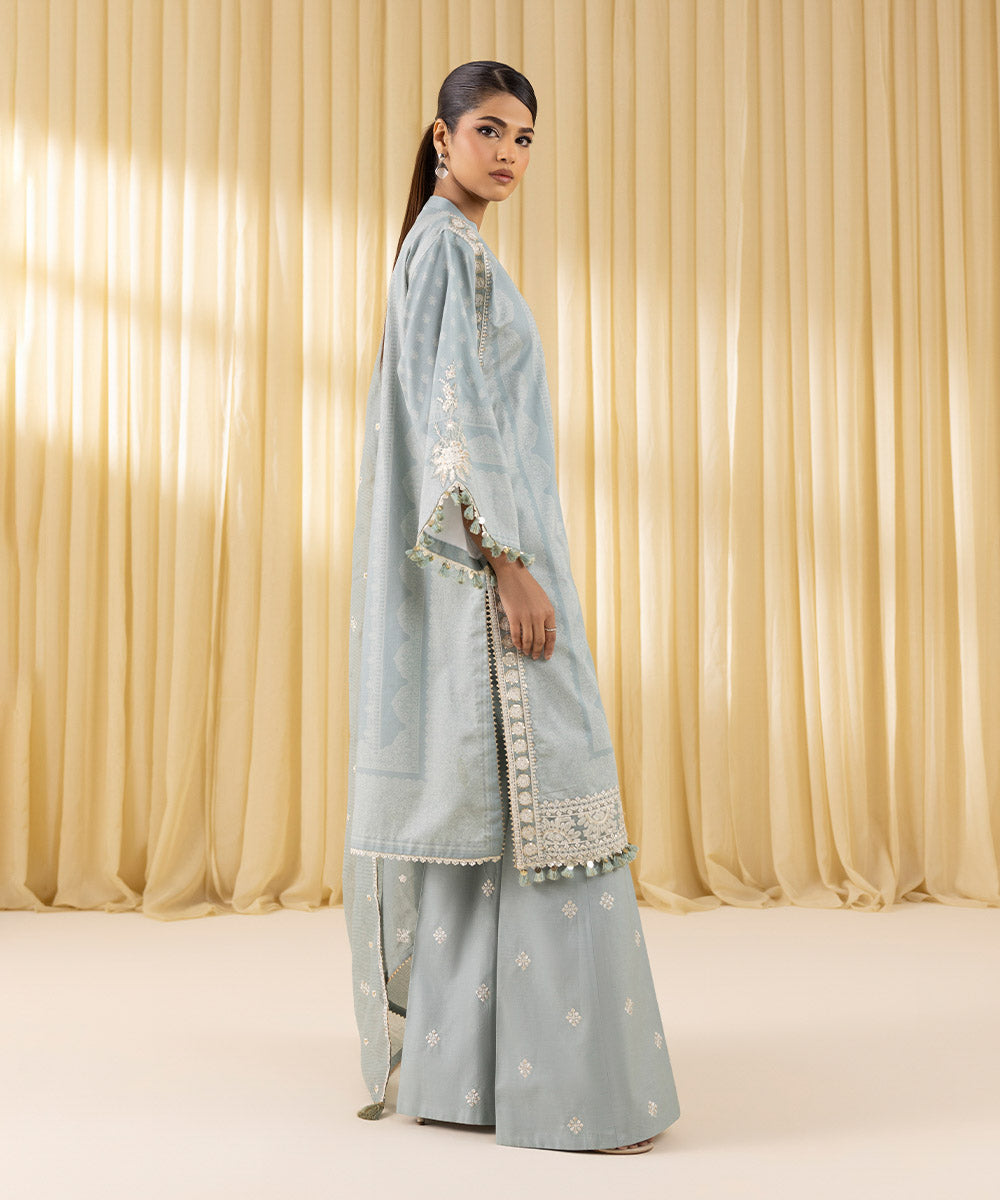 Women's Unstitched Fine Cotton Satin Embroidered Grey 3 Piece Suit