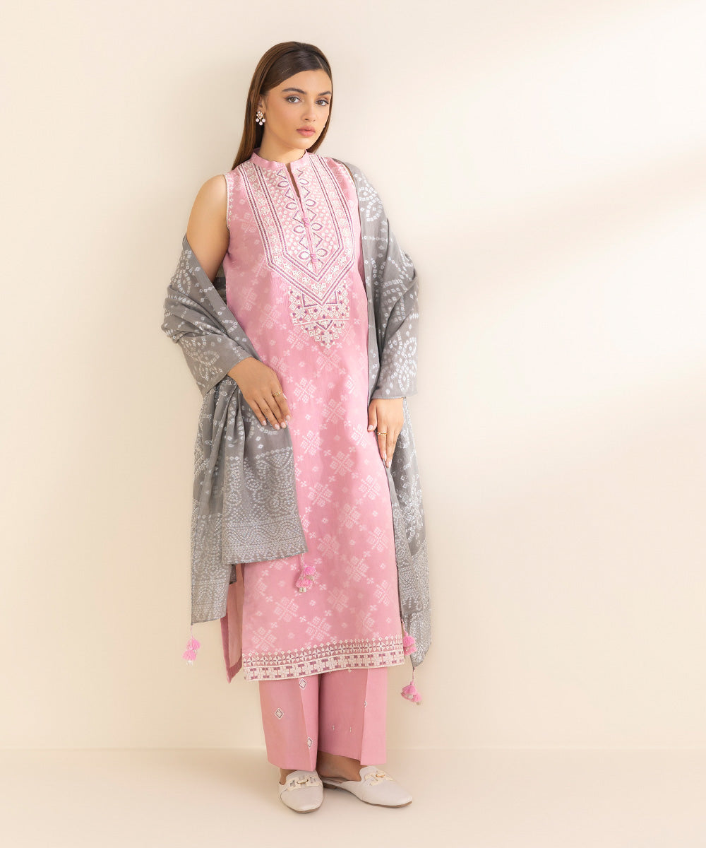 Women's Unstitched Pink Extra Weft Jacquard, Jacquard 3 Piece Suit 