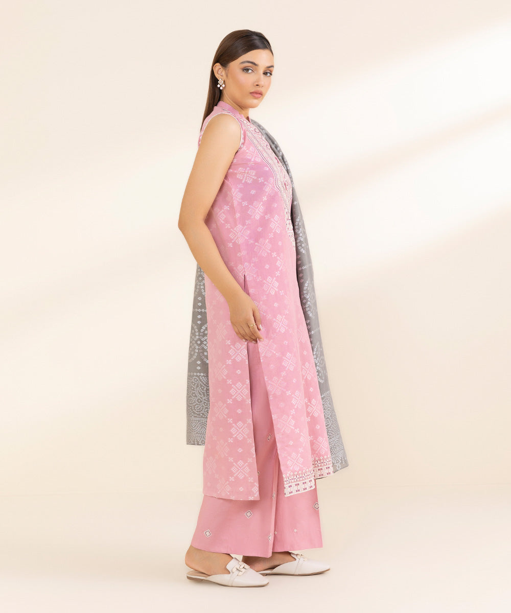 Women's Unstitched Pink Extra Weft Jacquard, Jacquard 3 Piece Suit 