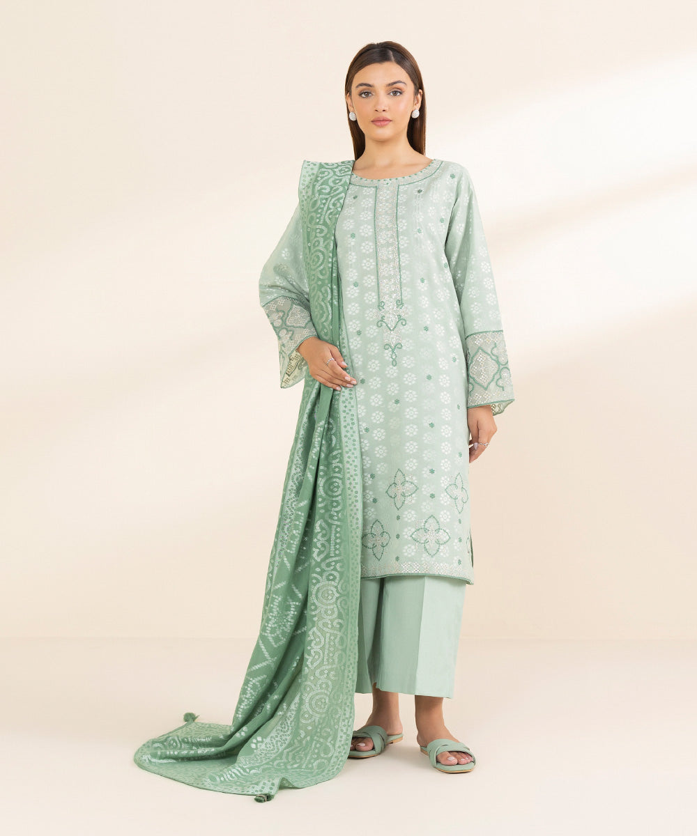 Women's Unstitched Green Extra Weft Jacquard, Jacquard 3 Piece Suit 