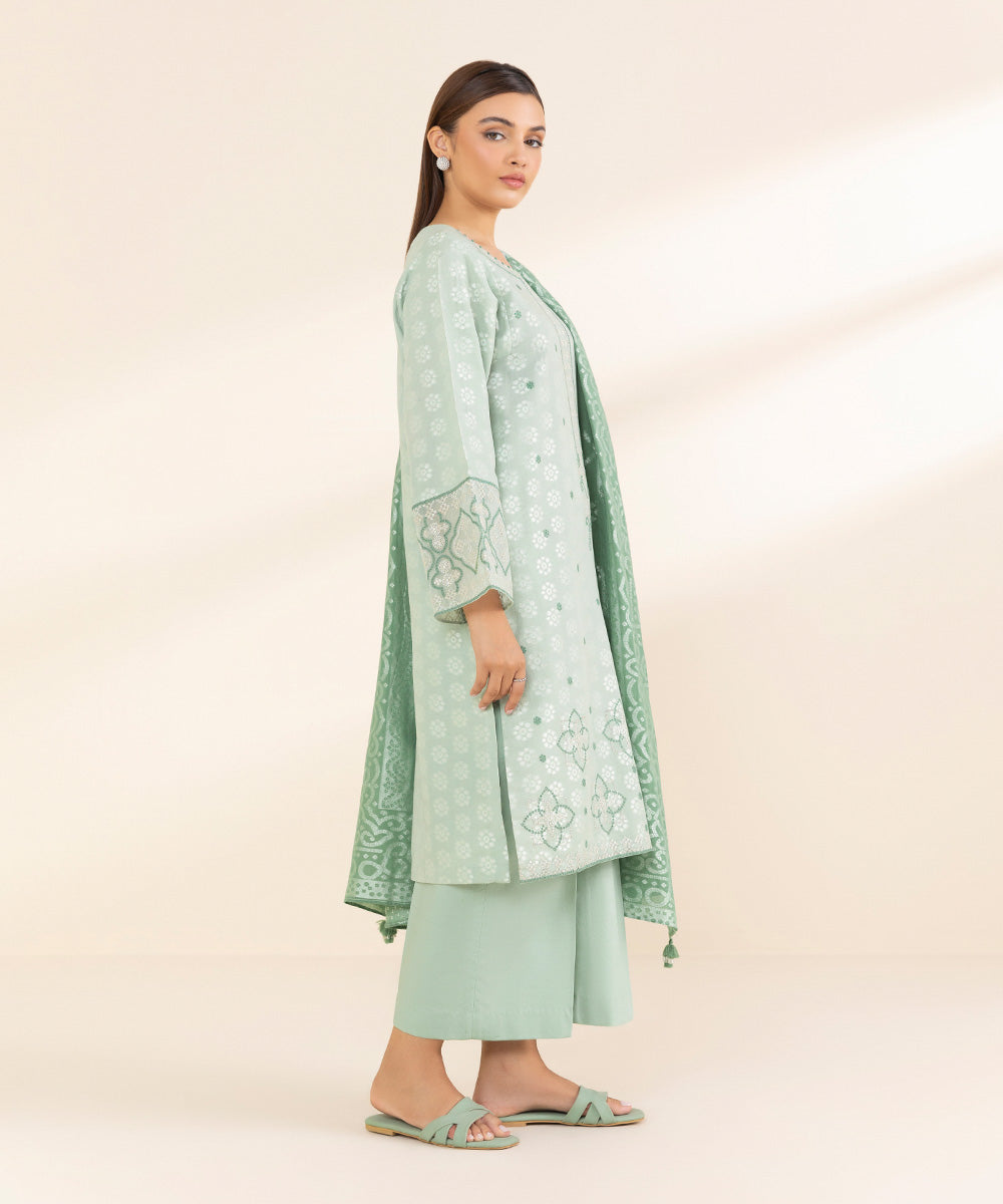 Women's Unstitched Green Extra Weft Jacquard, Jacquard 3 Piece Suit 