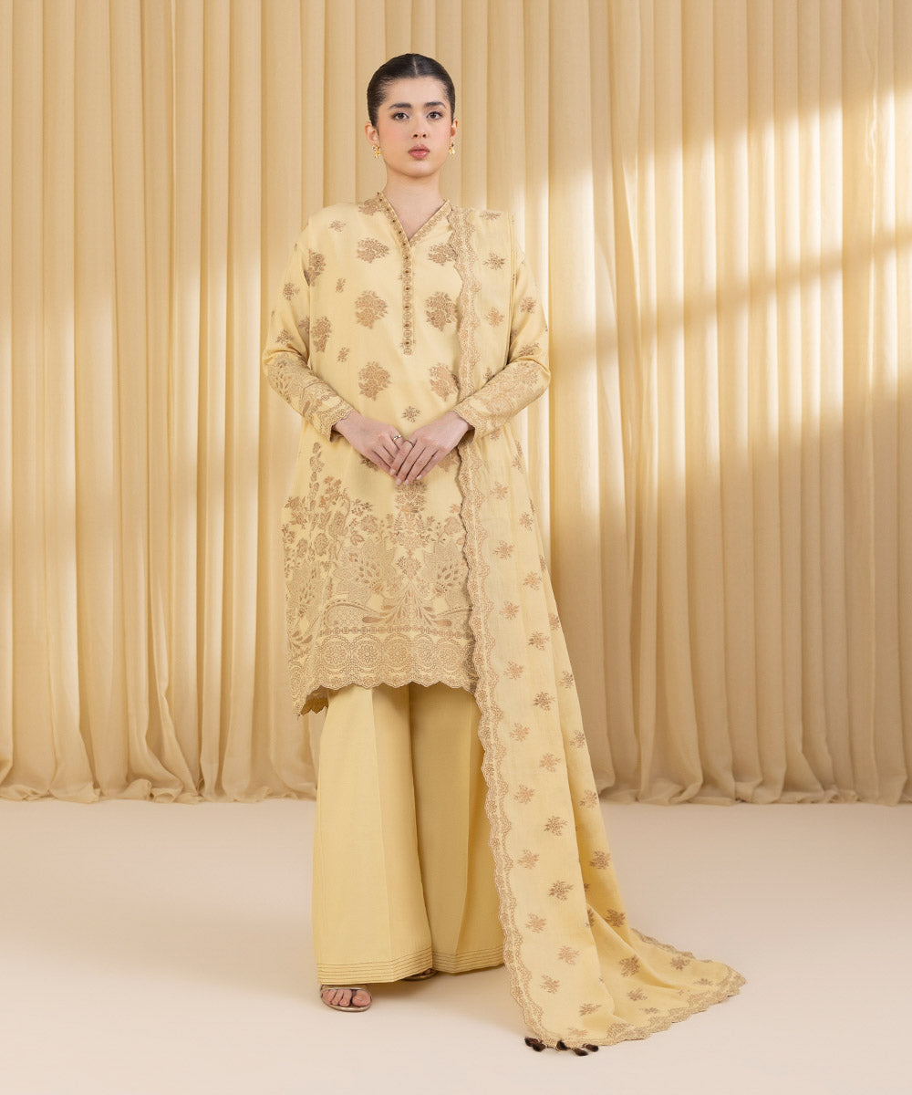 Unstitched Women's Yellow Extra Weft Jacquard 3 Piece Suit