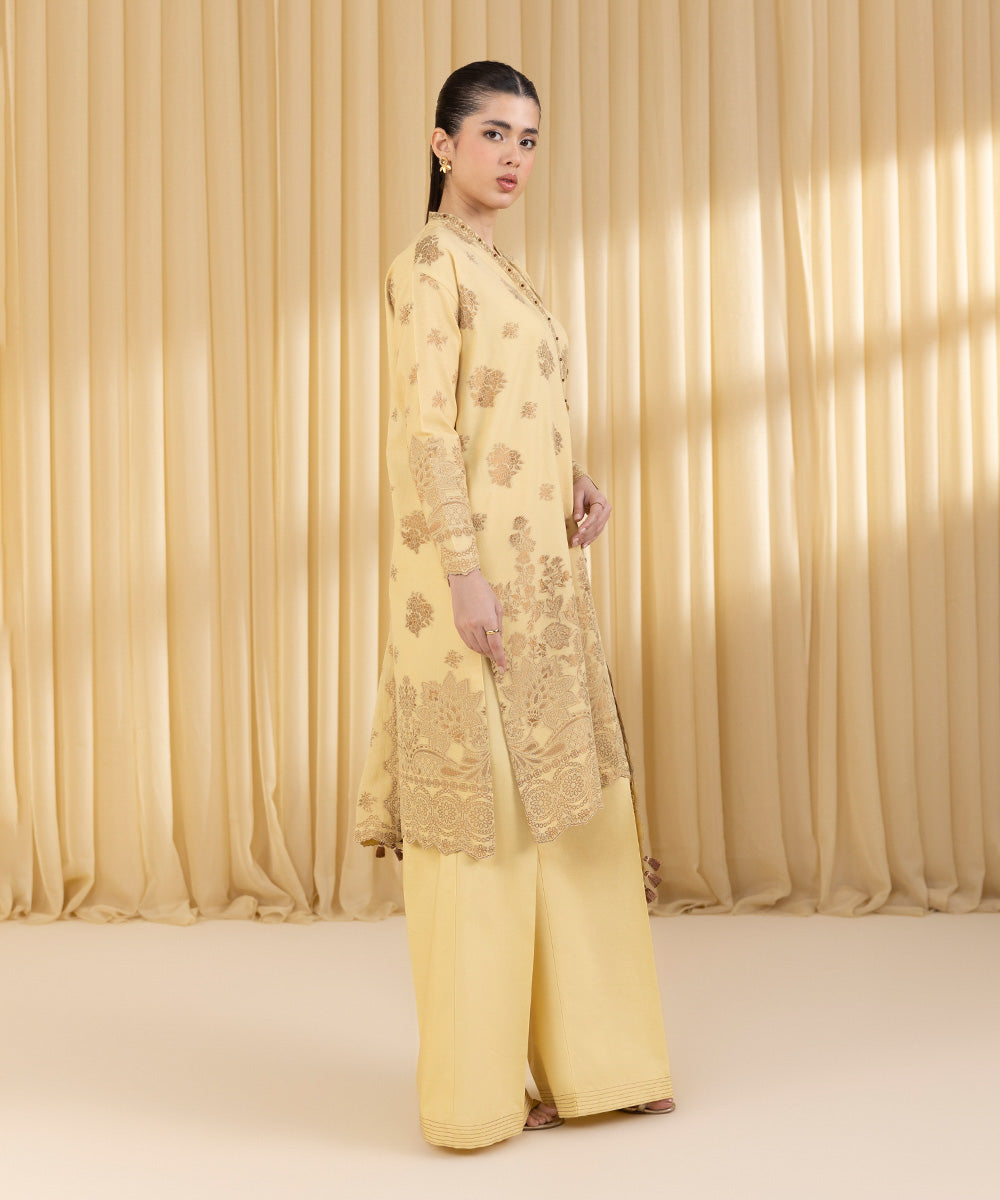 Unstitched Women's Yellow Extra Weft Jacquard 3 Piece Suit